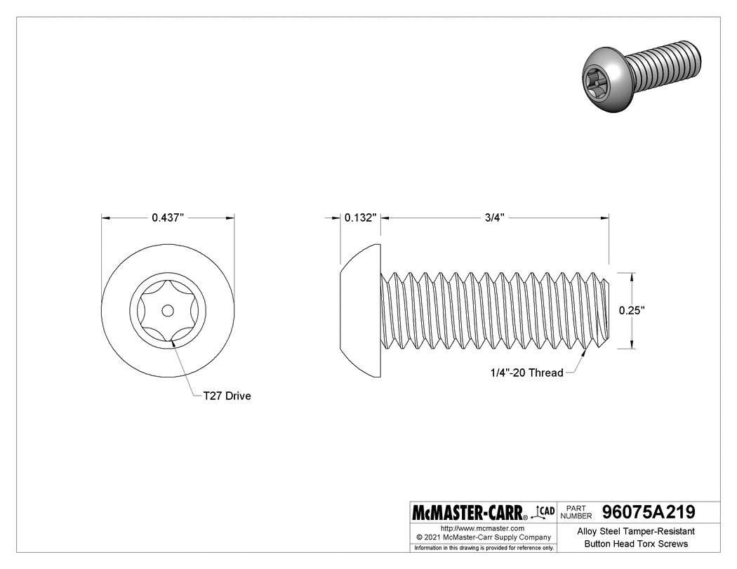Technical Drawing of Alloy Steel Tamper-Resistant Button Head Torx Screws, 1/4"-20 Thread, 3/4" Long.